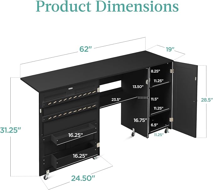 Best Choice Products Large Folding Sewing Table, Caster Wheels, Storage Shelves - Image 2