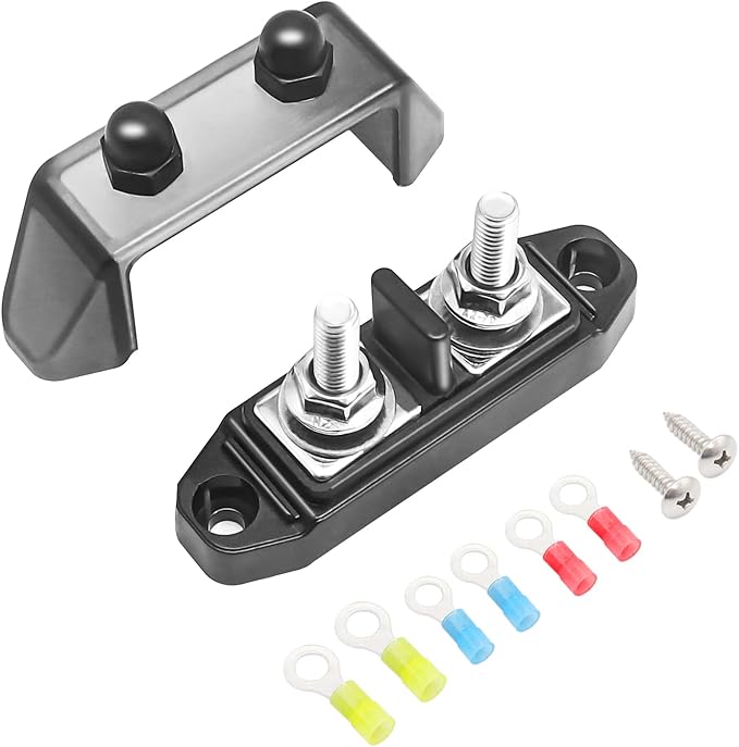 RECOIL Insulated 2 Position Power & Ground Busbar 2 x M5 Studs Terminal Power Distribution Block with Ring Terminals