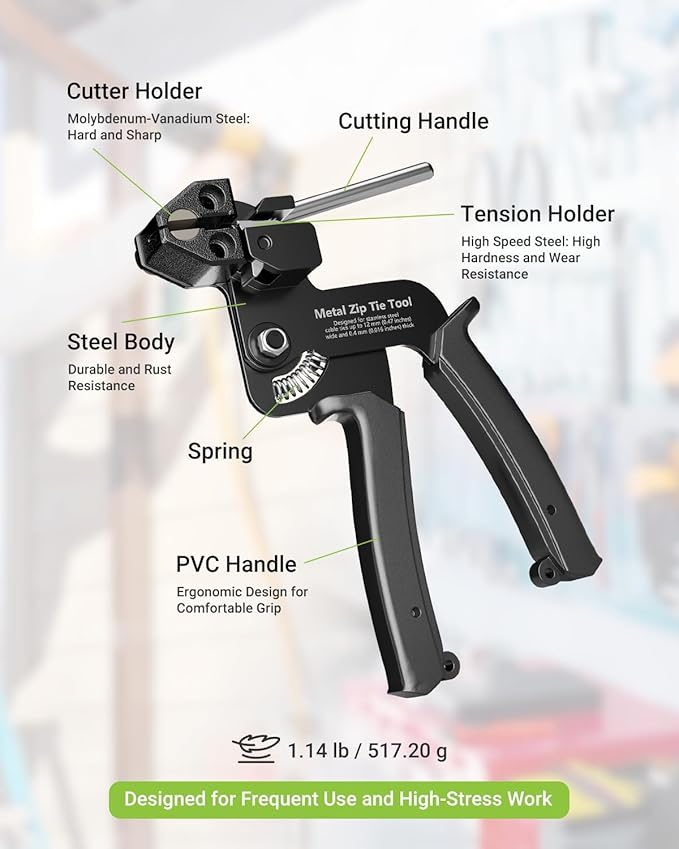 Metal Zip Tie Tool, Heavy Duty Zip Tie Cutter, Fasten and Cut Stainless Steel Cable Ties, for Outdoor Chain Link Fence Ties, Exhaust Pipe and Cables, Black