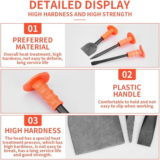 Heavy-Duty Masonry Chisel Set with Thick Protective Handles: Includes Tile and Concrete Chisels, Ideal for Brickwork, Demolition, Stonework, Carving, and Concrete Breaking. (8in 11in 11in)