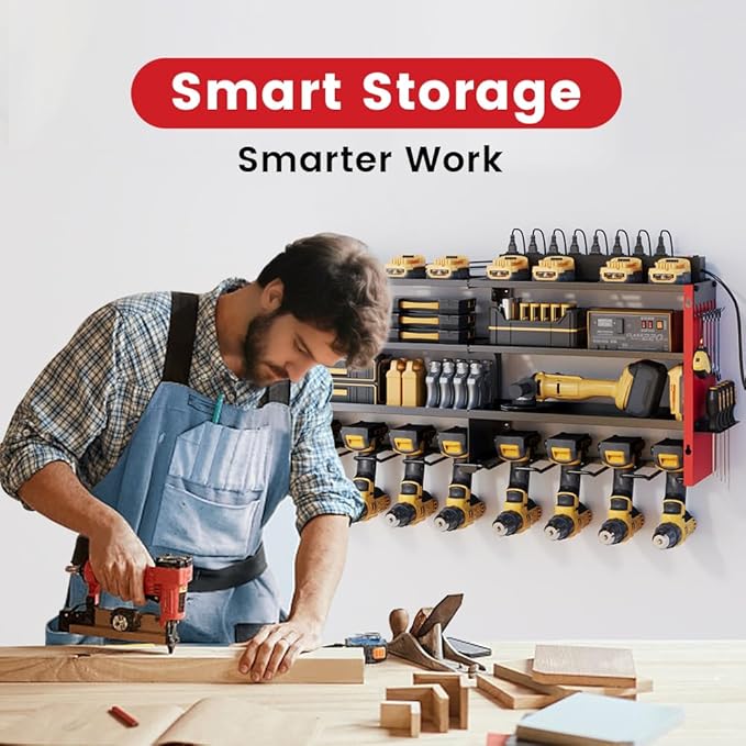 4 Layers Power Tool Organizer Wall Mount with Power Strip, Heavy Duty Metal Shelf, 400lbs Capacity for Cordless Drills, Batteries & Garage Storage (12 Slots with 8 Outlets Power Strip)