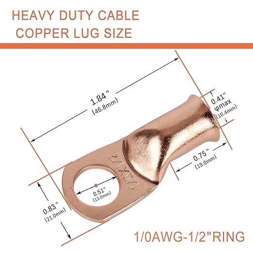10pcs 1/0 AWG-1/2”(M12) Ring Terminals 0 Gauge Copper Wire Lugs Battery Cable Ends Heavy Duty Battery Cable Terminal Connectors