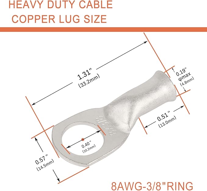 10pcs 8 AWG-3/8(M10) Tinned Copper Ring Terminals Battery Lugs, Heavy Duty Wire Lugs, Battery Cable Connectors