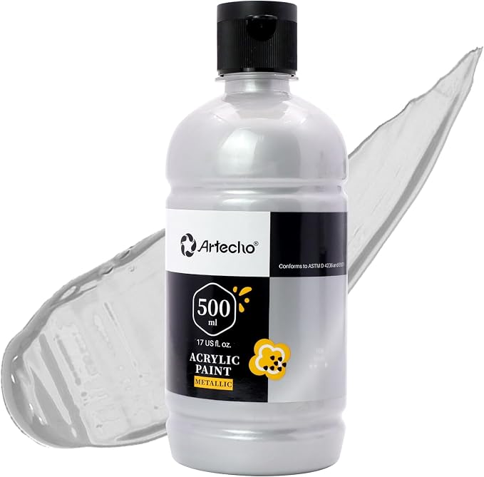 Artecho Silver Acrylic Paint 500ml / 17oz Large Bottle | Semi Glossy Finish by Artecho
