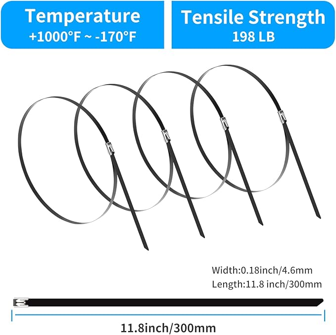 XINGO 18 inch Metal Long Zip Ties Heavy Duty 100 Pack, 304 Stainless Steel Zip Ties, 300lbs Tensile Strength, Multi-Purpose Self-Locking Cable Ties for Exhaust Wrap, Outdoor and Canopy Etc