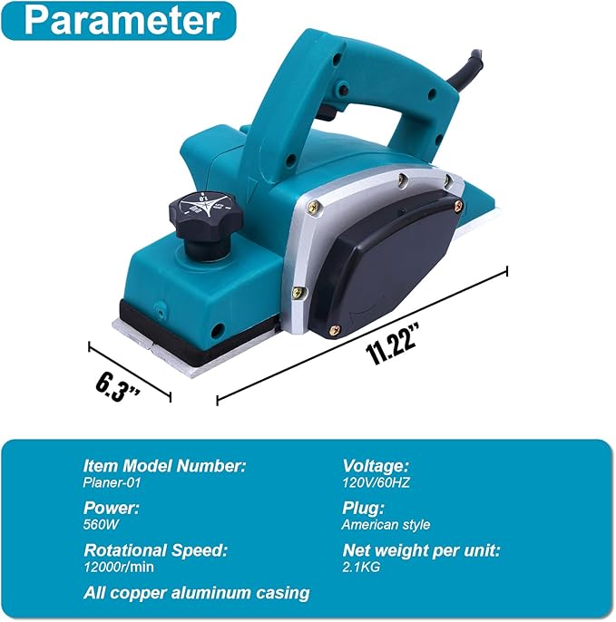 BHTOP Electric Hand Planer, Wood Planer for Woodworking, 3-1/4 Inch Corded Planer with Blades, Edge Guide（1900B）