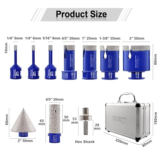 SHDIATOOL Diamond Drill Core Bits,Tile Drilling Core Hole Saw Cutter Beveling Chamfer for Porcelain Marble Ceramic Granite with Hexagon Shank Adapter 10pcs(6/6/8/20/25/35/50/20MM/2INCH/HEX)