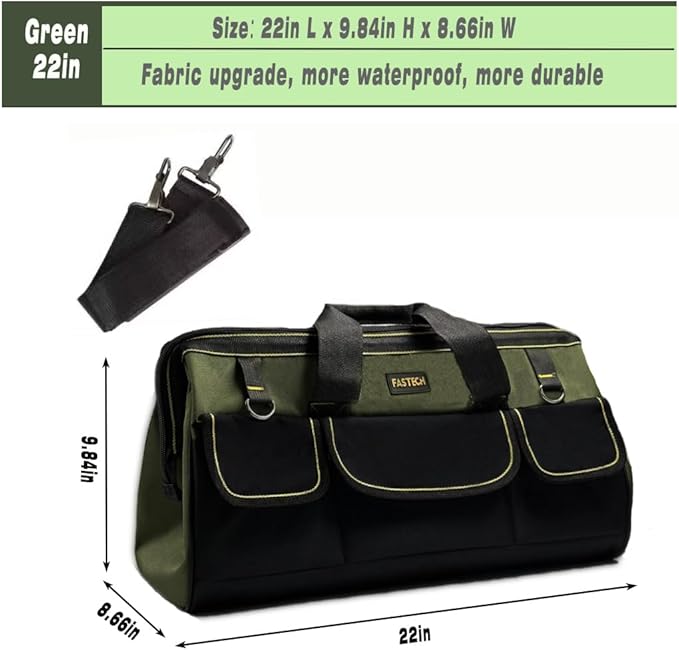 22-inch Wide Mouth Tool Bag with Water Proof Molded Base, Wide Mouth Tool Tote Bag, Waterproof Tool Organizer Bag for Men with Adjustable Shoulder Strap(No Bottom Shell)