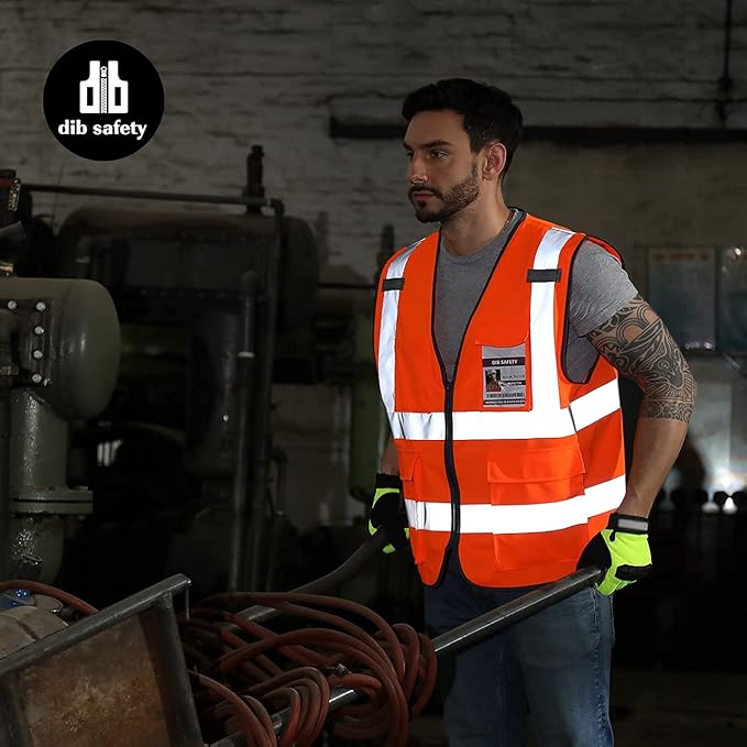 Dib Safety Vest Reflective ANSI Class 2, High Visibility Vest with Pockets and Zipper, Construction Work Vest Hi Vis Orange L
