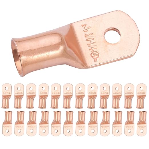 SELTERM 25pcs 3/0 AWG 1/4" Stud Battery Lugs, Ring Terminals, Heavy Duty Copper Wire Lugs, Battery Cable Ends, 000 Gauge Ring Terminal Connectors, UL Bare Copper Eyelets Electrical Battery Cable Lugs