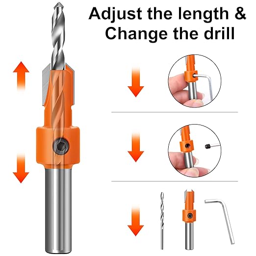 Lytool Countersink Drill Bit Set,5 Pcs Counter Sink Bits for Wood,Tapered Drill Bits for Woodworking,Round Shank,Allen Wrench, Wood Screw Counter Sinker Drill Bits with Depth Stop,Pilot Screw Hole Set