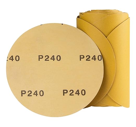 S SATC Premium Gold Sandpaper 6 Inch 100 PCS Sanding Discs 240 Grit Self Adhesive Stickyback Sandpaper Roll Aluminum Oxide PSA Sandpaper Discs for Wood, Metal, and Car Paint