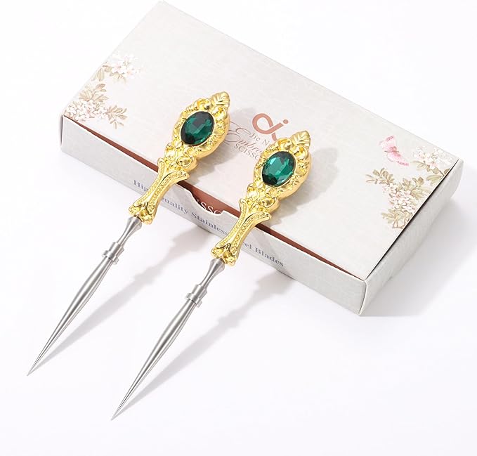2Pcs Metal Embroidery Awl Set, European Vintage Carved Handle Scratch Awl, Sharp Sewing Awl Tool for Sewing with Storage Cases, Durable and Leather Punch Stitching DIY Craft(Gold)