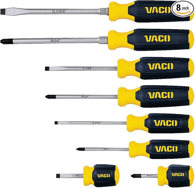 VACO VAC7082 8-Piece Screwdriver Set, Versatile Phillips and Slotted Drivers, Laser-Etched Precision Blades and Comfort Handles