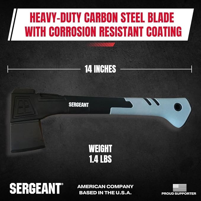 Camping Hatchet SGT-14 Inch, Camp Axe Survival Hatchet Tactical Outdoor Camping Axe w High Carbon Steel Blade, Lightweight Fiberglass Handle, and Compact Portable Design and Carrying Case.