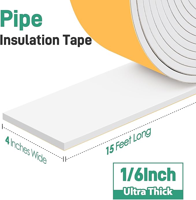 Pipe Insulation Tape, Foam Insulation Tape for Outdoor Pipes Winter Freeze Protection, Foam Pipe Insulation Wrap, Heat Tape for Water Pipes, Copper Pipes, PVC, AC Line, 4in x 15ft, White