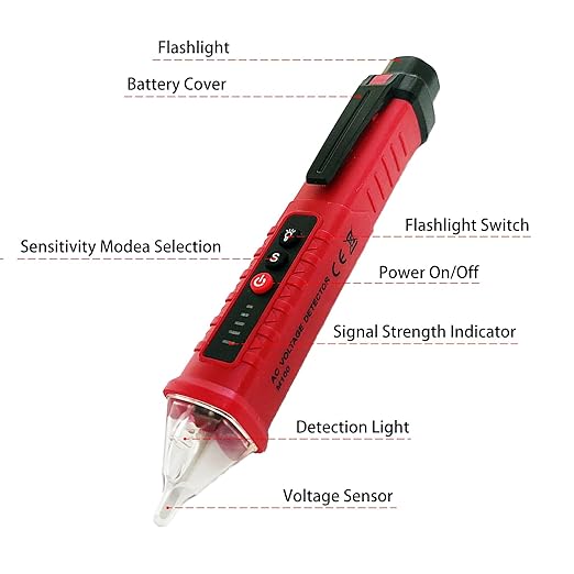 Voltage Tester, Non-Contact Voltage Detector, Electrical Tester, 3 Ranges AC 12V/48V/70V-1000V, Live/Null Wire Tester with Buzzer Alarm and Flashlight, Wire Breakpoint Finder - Red
