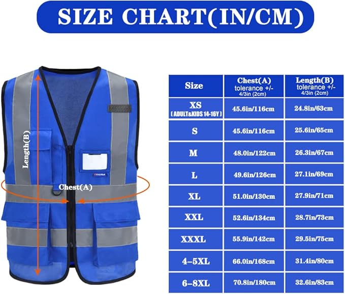 A-SAFETY XSmall Blue Safety Vest Reflective Work Vest,Hi Vis vest 7 Pockets, X-Small
