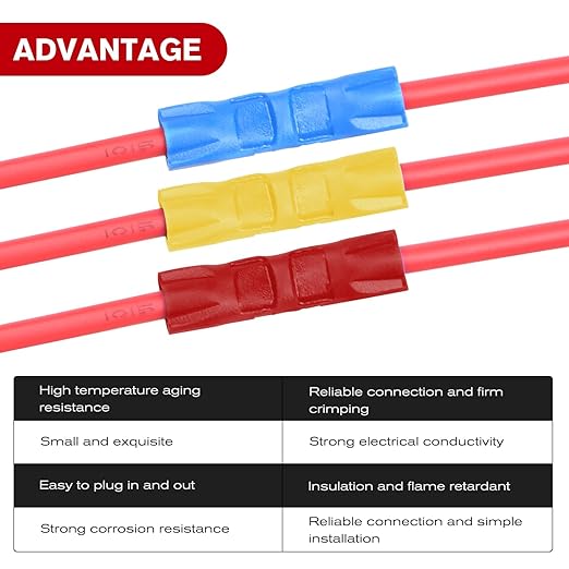 Nilight 200PCS Electrical Butt Connectors AWG 22-10 Insulated Wire Crimp Connector Splice Blue Red Yellow for Automotive Marine Wiring