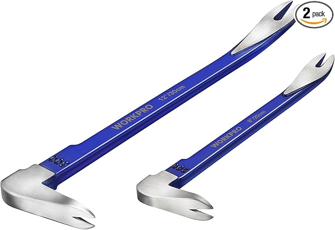 WORKPRO 2-Piece Nail Puller Set, 12” Pry Bar, 8” Mini Crowbar, Cats Paw Nail Remover, Claw Bar, for Kitchen Remodel, Prying Apart Baseboard, Multi-sided Forged Steel Made
