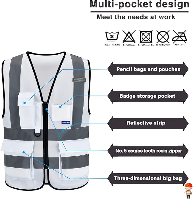 A-SAFETY Hi Reflective Safety Vest,Hi Vis Bright Neon Colors Safety Vest with 4 Reflective Strips 7 Pockets(White XL)