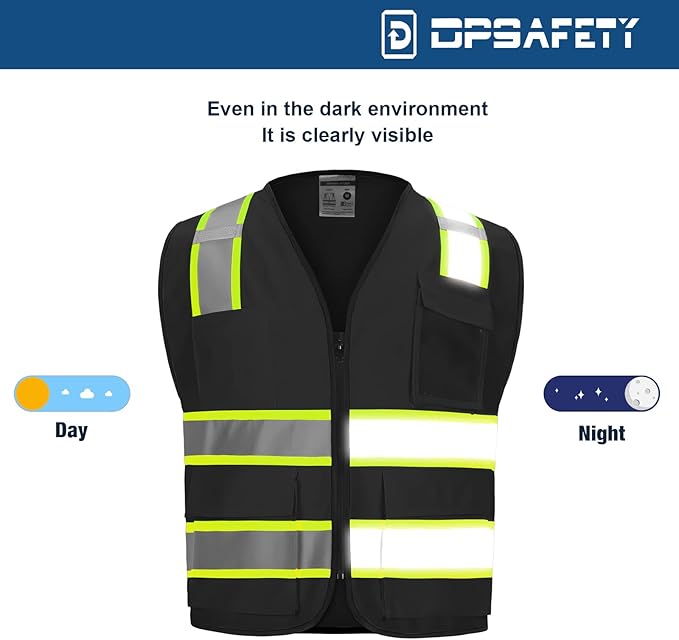 9 Pocket Hi Vis Safety Vest with Reflective Strips & Zipper Closure - Black, XL