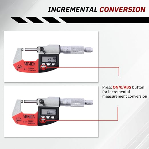 VINCA Absolute IP64 Origin Digital Micrometer, DMCA-0105 0-1"/0-25mm, 0.00005" /0.001mm Resolution, Hold Function, Carbide Tip