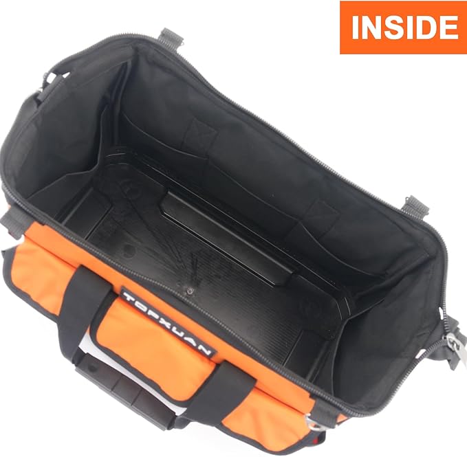 Tool Bag 16 Inch Molded Plastic Base Heavy Duty Waterproof Orange Tool Organizer Wide Mouth With Shoulder Strap for Power Tools and Hand Tools Oxford Cloth Fabric (16 Pockets)