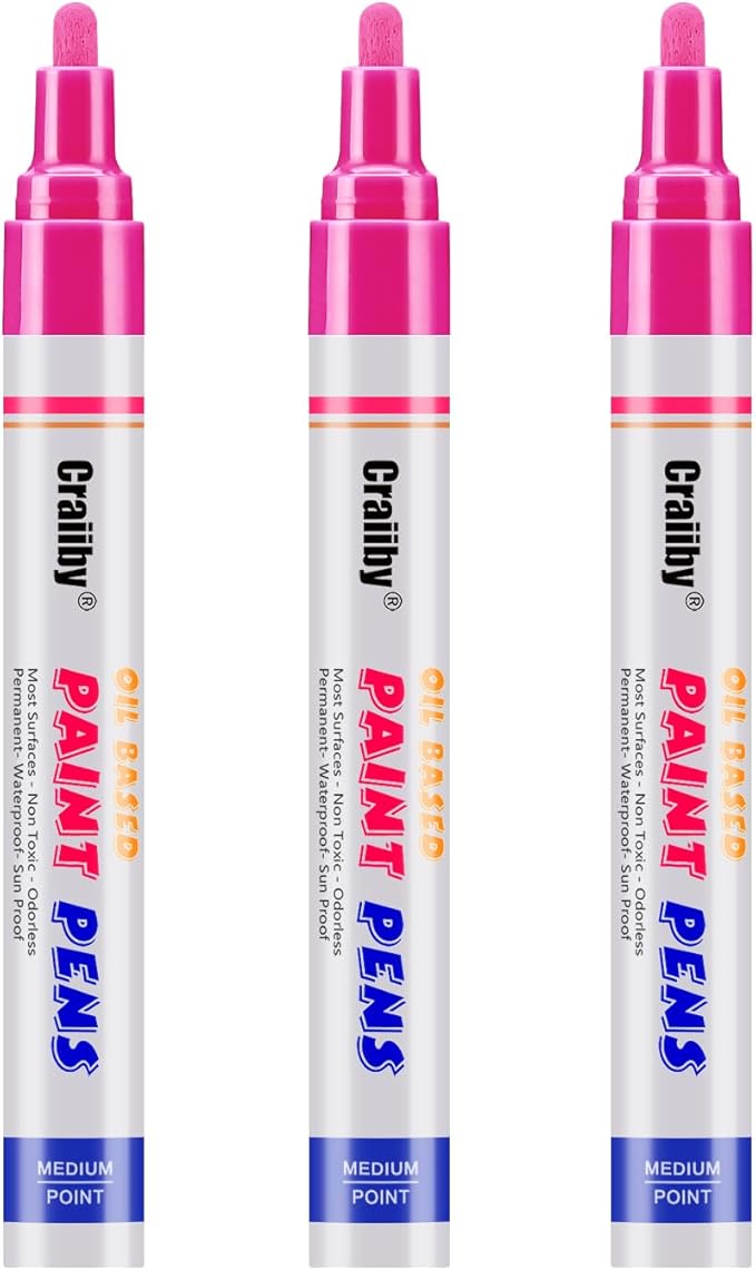 Pink Paint Markers, 3 Pack Oil-Based Waterproof Quick Dry Permanent Paint Pen by Craiiby