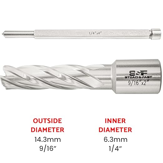S&F STEAD & FAST HSS Annular Cutter 9/16" Cutting Diameter 2" Depth of Cut, 3/4" Weldon Shank, Mag Drill Bit with Pilot Pin for Magnetic Drill Press