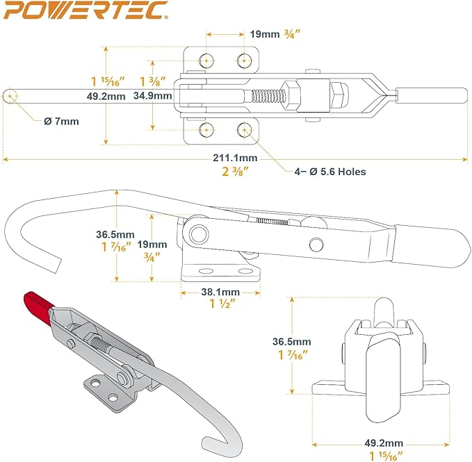 POWERTEC 2PK Toggle Clamp with J Hook, 375 lbs Holding Capacity, 451 Adjustable Pull Action Latch for Smoker, Tool Box, Woodworking Jigs and Fixtures, Cabinet, Lids, Door, Truck (20308-P2)