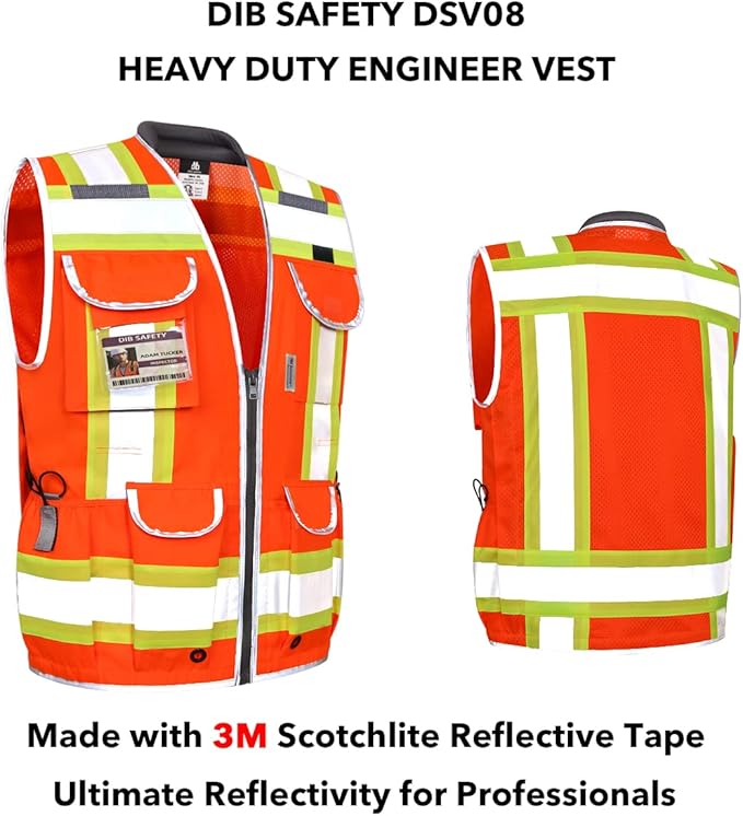 Dib Safety Reflective Vest Heavy Duty, High Visibility Two Tone Engineer Vest, Made with 3M Tape, Padded Collar, Retractable ID Pocket, Orange 2XL