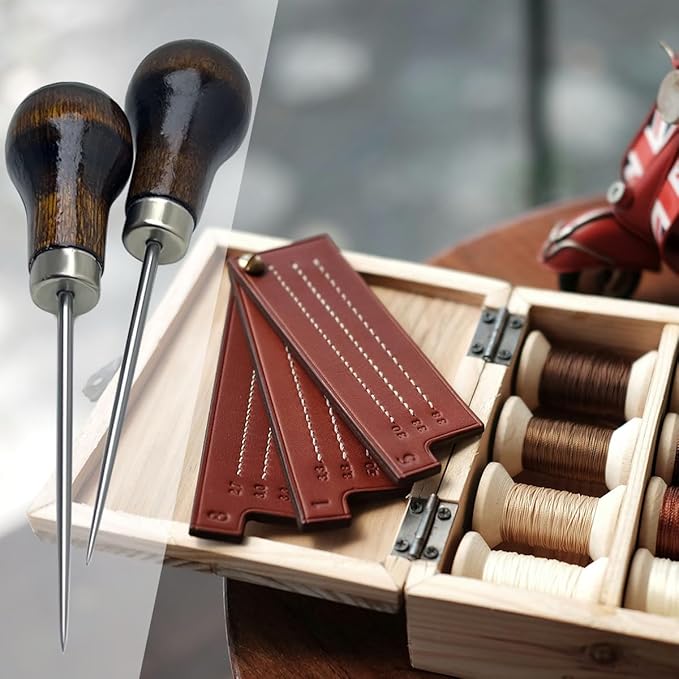 4 Pcs Scratch Awl Tool, with Gourd Shape Wooden Handle, Leather Awl Punch Tool,Tailors Awl, for Sewing Punching Stitching, Gourd Awl Repair Tool for Leather Craft Cloth