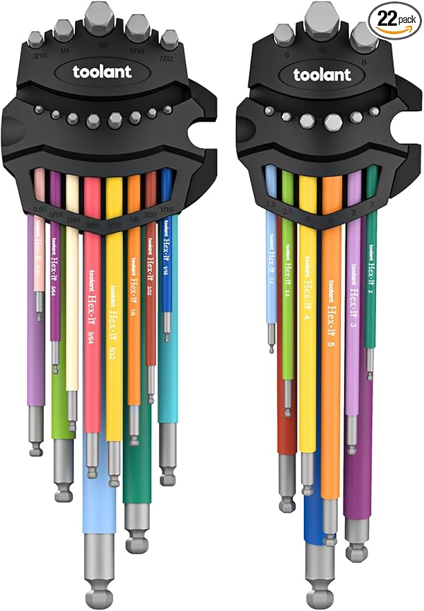 Allen Wrenches Sets 22pcs(Metric&SAE), Extra Long Arm Allen Key Set with Ball End, Crafted Hex Key Set with Color Coded Sleeves, Unique Patented Holder Design for Magnetizing and Demagnetizing
