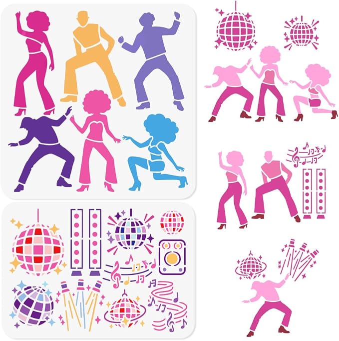 2Pcs Disco People Stencils for Painting, 11.8"x11.8" Reusable Disco Ball by Doodlream