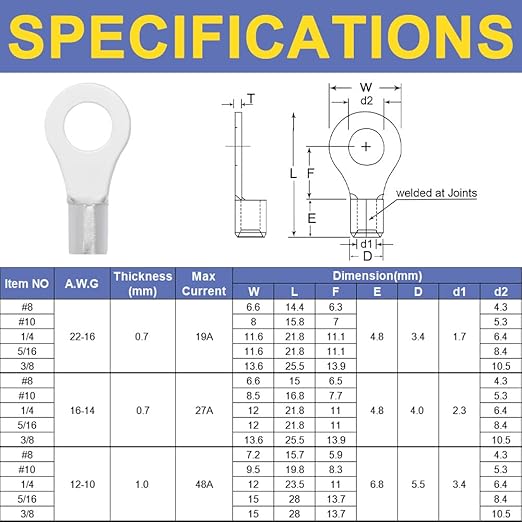 haisstronica 50pcs 5/16" Ring Terminals,AWG 12-10 Brazed Seam Non-Insulated Copper Wire Connectors