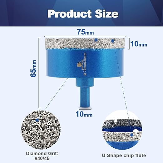 Dry Diamond Core Drill Bit,BRSCHNITT 3 Inch 75mm Diamond Hole Saw Core Drill Bit with Triangle Shank for Porcelain Tile Ceramic Stone Granite Marble