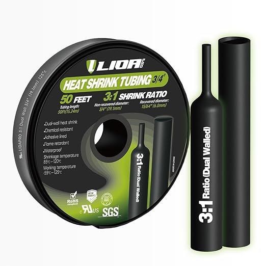 Heat Shrink Tubing 50 Feet Roll, 3:1 Ratio Adhesive Lined Marine Grade Shrink Wrap Tubing,Industrial Heat Shrink Tube Electrical 3/4'' Black