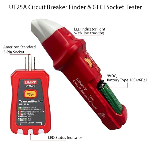 UNI-T UT25A Digital AC Circuit Breaker Finder and Tracker Kit with Electrical Integrated GFCI Outlet Socket Tester, Working on AC 90-120V, Adjustable Sensitivity Buzzer Indication, Flashing LEDs