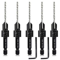 5-pc #12 Countersink Drill Bit Set, 3in1 Woodworking Counterbore Hole Saw Drill Bits, Depth Adjustable 9/64" M2 Pilot Drill Bits, 82-Degree Chamfer, 1/4” Hex Shank, 2 Allen Wrench