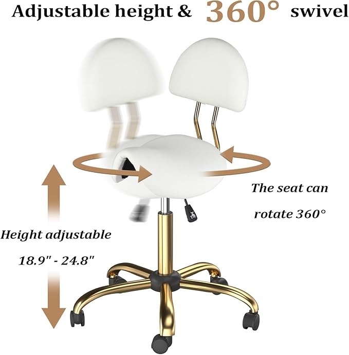 OmySalon Drafting Chair,Ergonomic Saddle Stool with Back Support,Tall Adjustable Rolling Stool with Thick Seat Cushion, Office Computer Chair for Salon Barber Spa Home Bar, White Gold