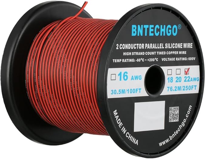 BNTECHGO 22 Gauge Flexible 2 Conductor Parallel Silicone Wire Spool Red Black High Resistant 200 deg C 600V for Single Color LED Strip Extension Cable Cord,Model,250ft Stranded Tinned Copper Wire