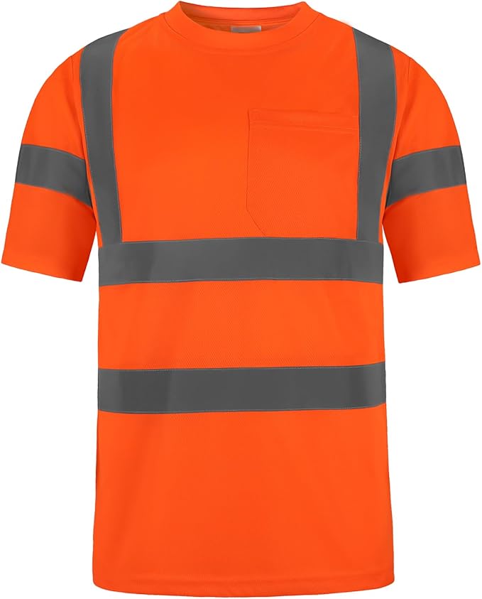 High Visibility Class 3 T Shirts，Hi Vis Safety Shirts with Reflective Strips and Pocket, Short Sleeve Quick Dry Mesh Construction Work Shirt for Men/Women Orange,6XL
