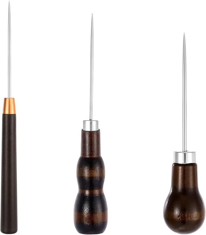BOHUIZ 3 Pack Scratch Awl Tool with Wooden Handle, Gourd Shape Pin Punching for Leather Awl Punch Tool for Hole Craft Shoes Repair Sewing Leather Punch Stitching Crochet DIY Handmade