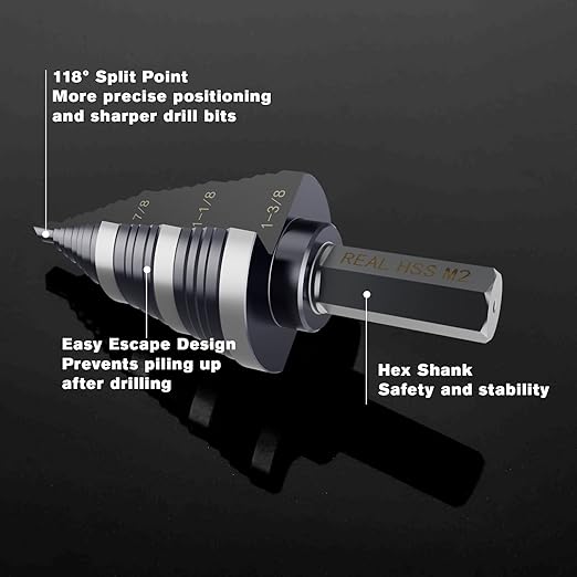 M2 Step Drill Bit, 3/16 to 1-3/8 in, Double Fluted, Cutting Drill Bit for Stainless Steel, Metal, Aluminum, Copper, Wood, PVC