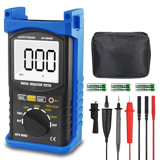 Digital Insulation Resistance Tester, AP-6688B Auto Range Megohmmeter 1999 Counts LCD Display 500/1000/2500/5000V Voltage,1MΩ~200GΩ Resistance Testing with Data Hold Backlit for Motor Cables Switches