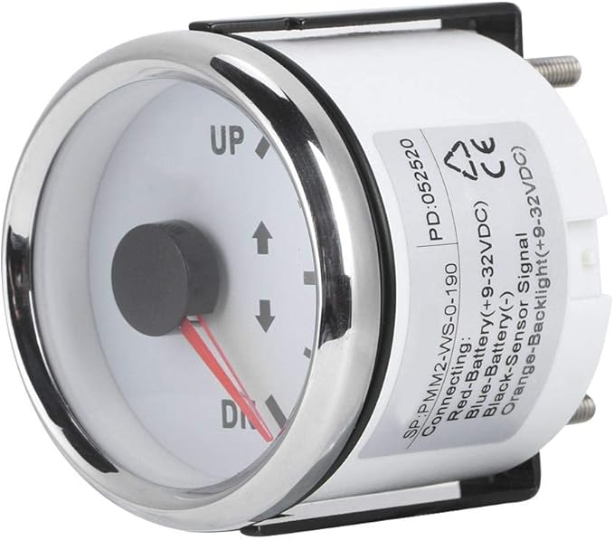 Boat Trim Gauge, 52mm/2in Stainless Steel UP-DN Boat Trim Gauge 0-190ohm Trim Tilt Indicator Red Backlight (White Dial Silver Frame)