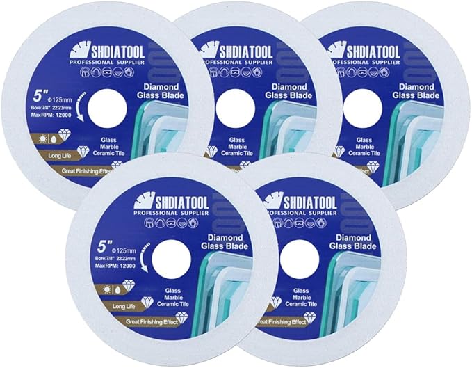 SHDIATOOL Diamond Glass Cutting Disc 5-Inch Saw Blade, Ultra-Thin Cut Off Wheel for Tile Ceramic Porcelain Marble 125mm (5 of Pack)