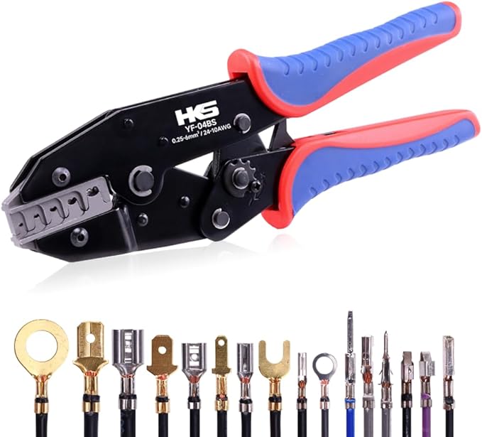 HKS Crimping Tool for Non-Insulated Open Barrel Terminals -for JST Molex TE Connectors - AWG 24-10 (0.25-6mm²) with Chrome-Moly Steel Wire Cutting Jaw - YF-04BS