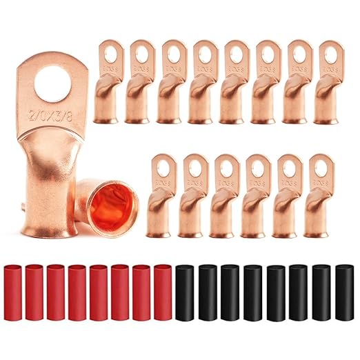 16Pcs 2/0 AWG 3/8 Cable Terminals Heavy Duty Copper Wire Lugs with 16Pcs Heat Shrink Tubing 2/0 Gauge Ring Terminals 00 Gauge Battery Cable Ends Bare Copper Eyelets Ring Terminal for Car Marine